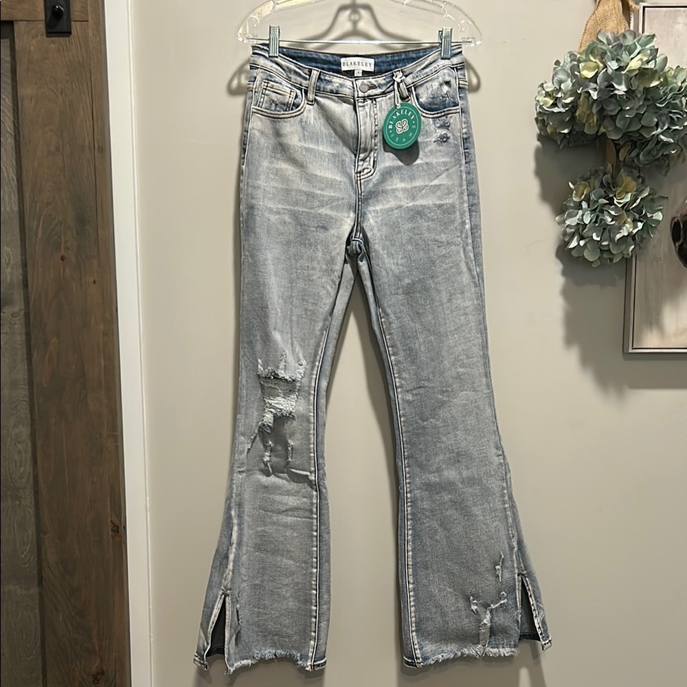 Blue Flare Wide Leg Jeans with Distressed Details